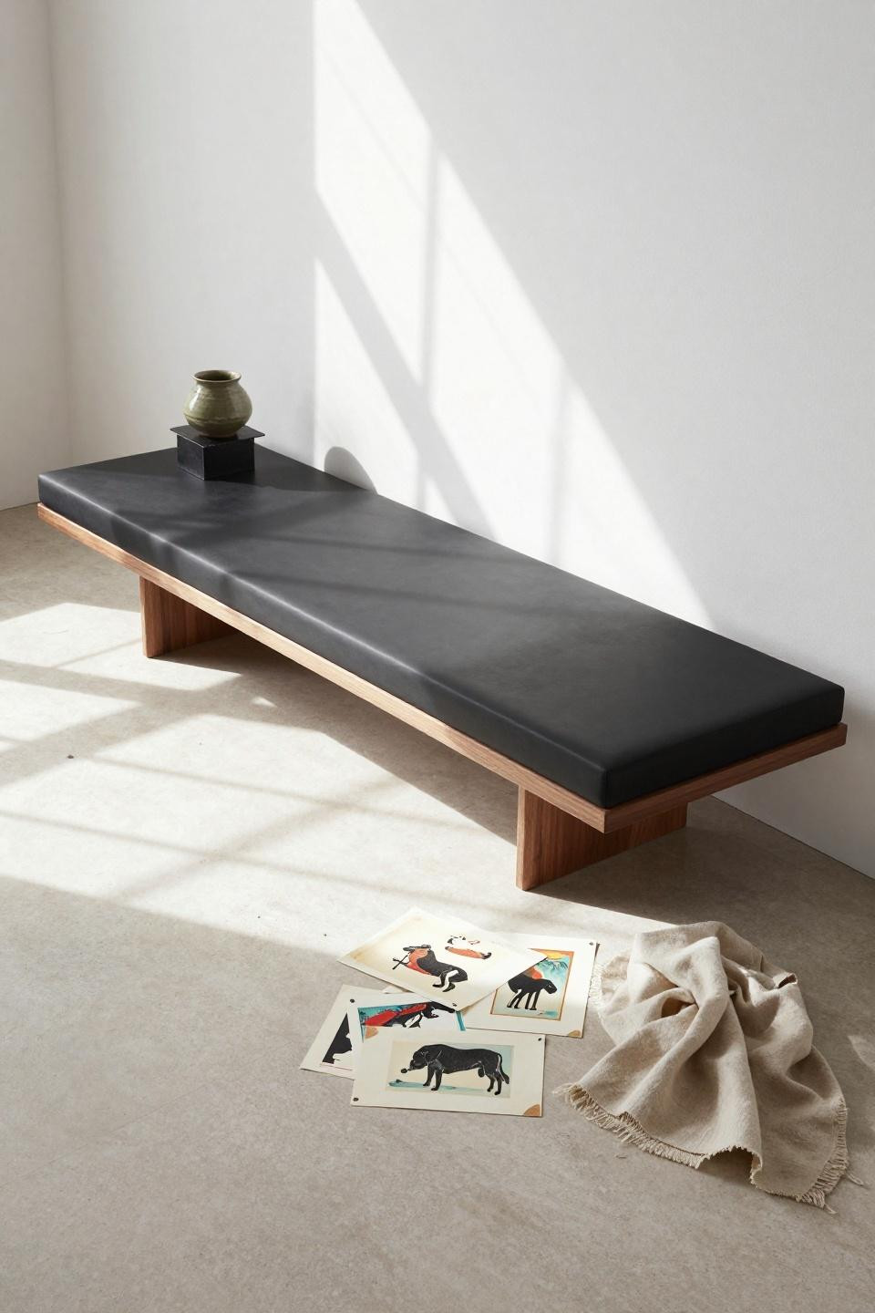 Black living room decor ideas - matte platform daybed bird's eye view