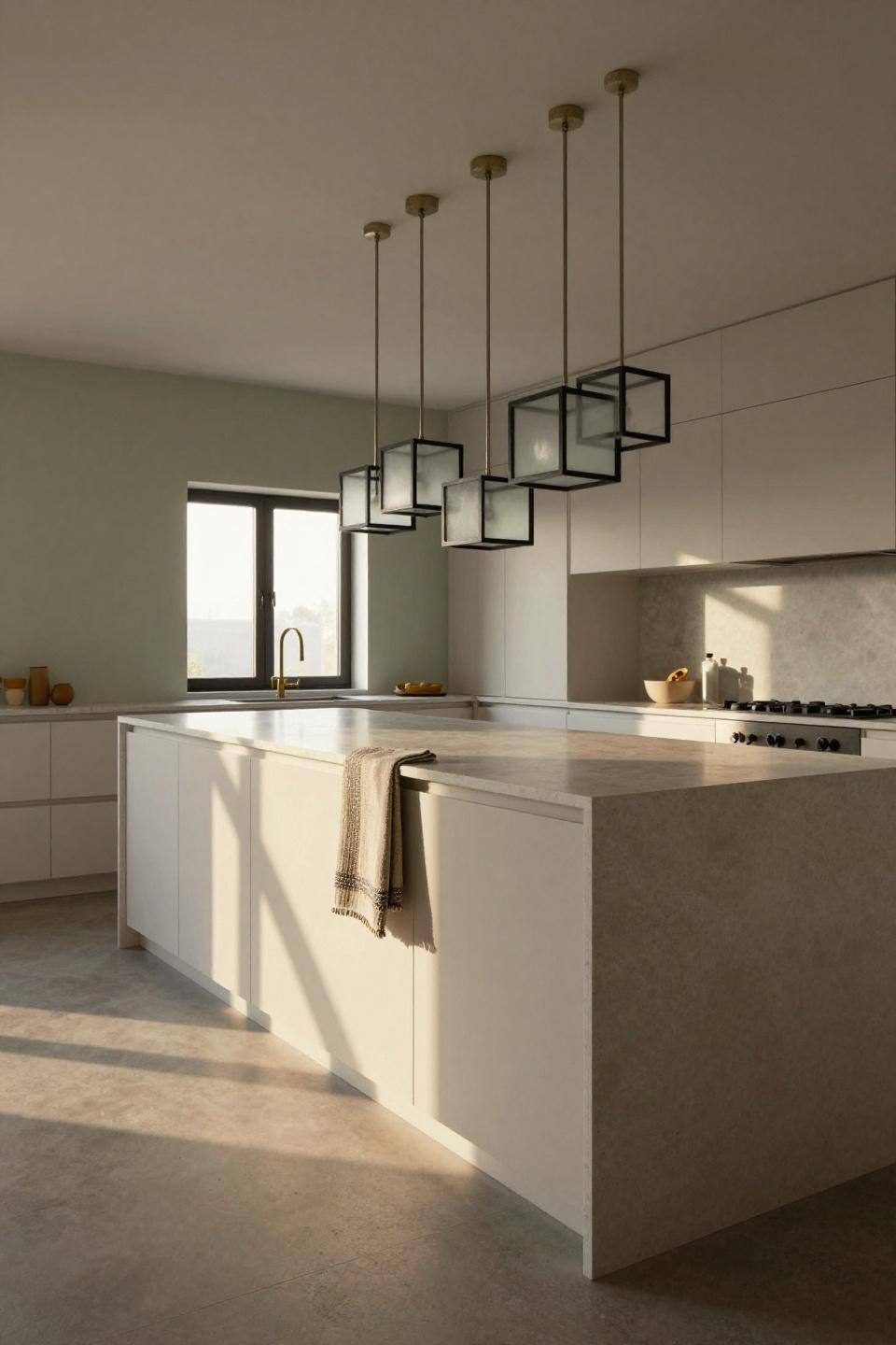 Modern Kitchen Lighting - black framed glass pendant cluster over quartz island
