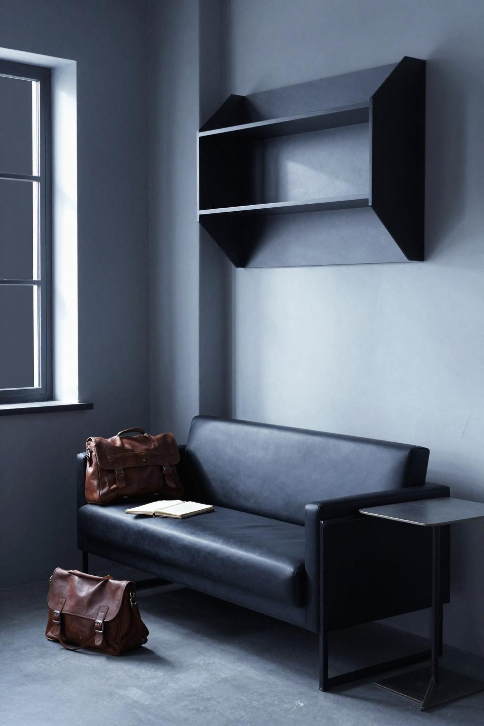 All black living room - platform sofa with angular wall shelving