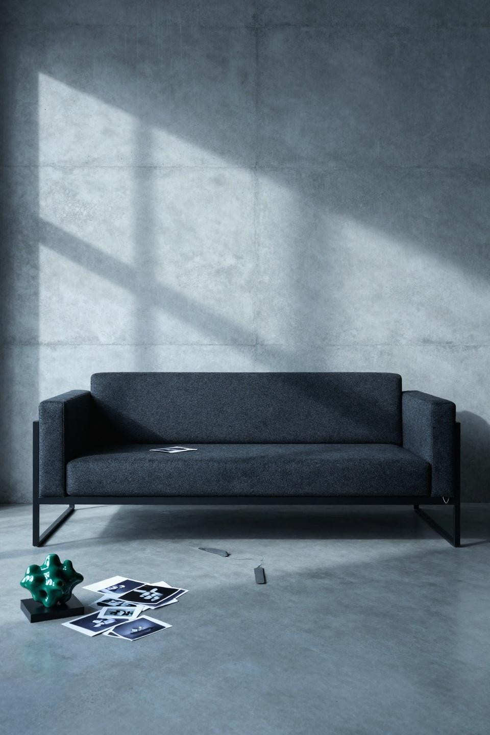 Black sofa living room decor - platform sectional with boucle fabric