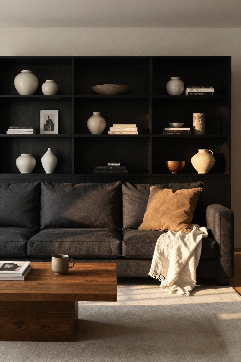 Black couch living room ideas - charcoal sectional with oak table