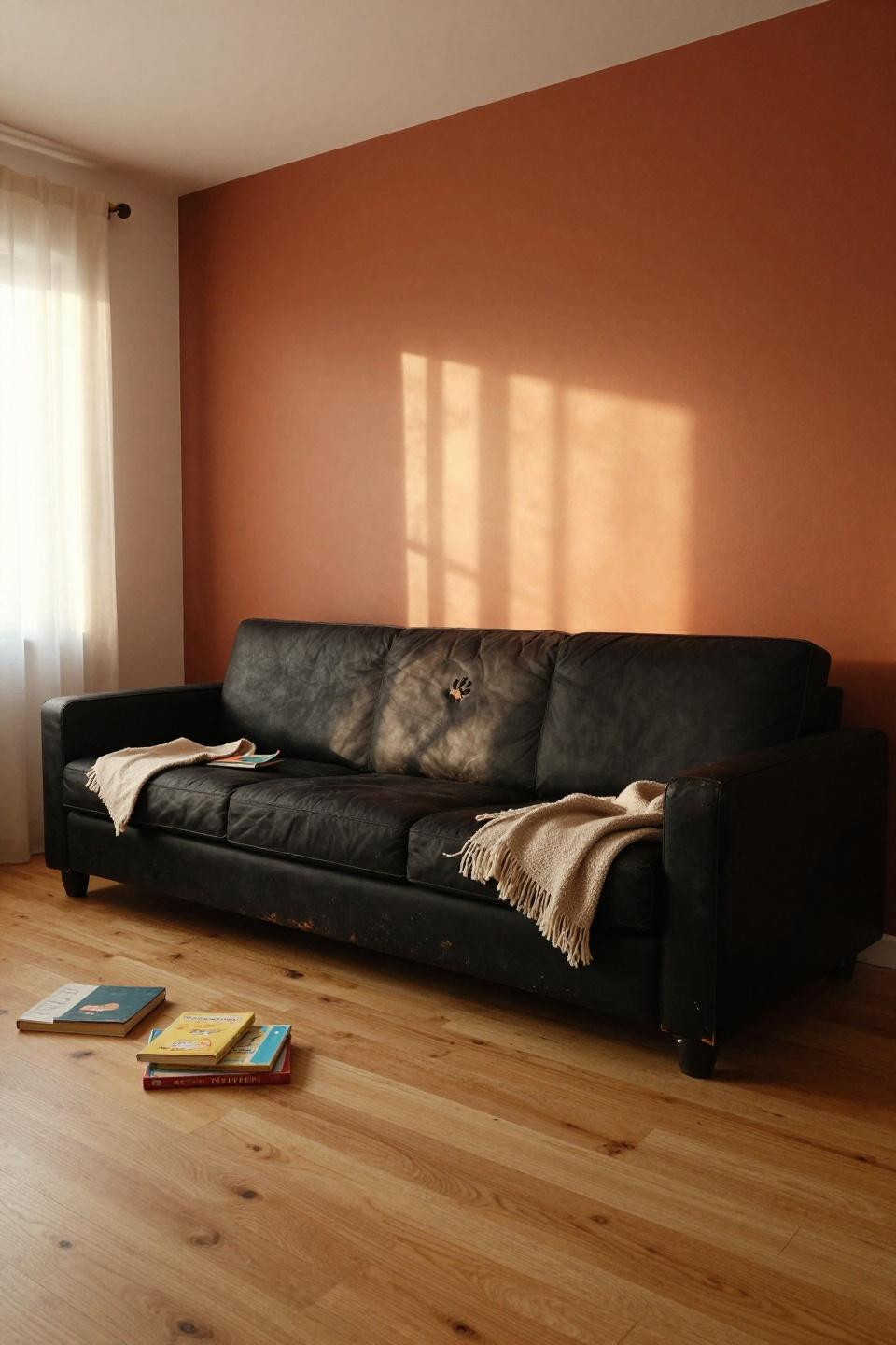 Black couches living room ideas - sectional against terracotta wall
