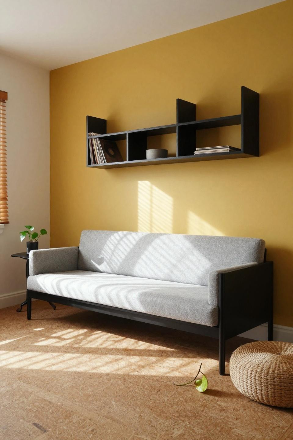 Black sofa living room ideas - platform sofa against mustard wall