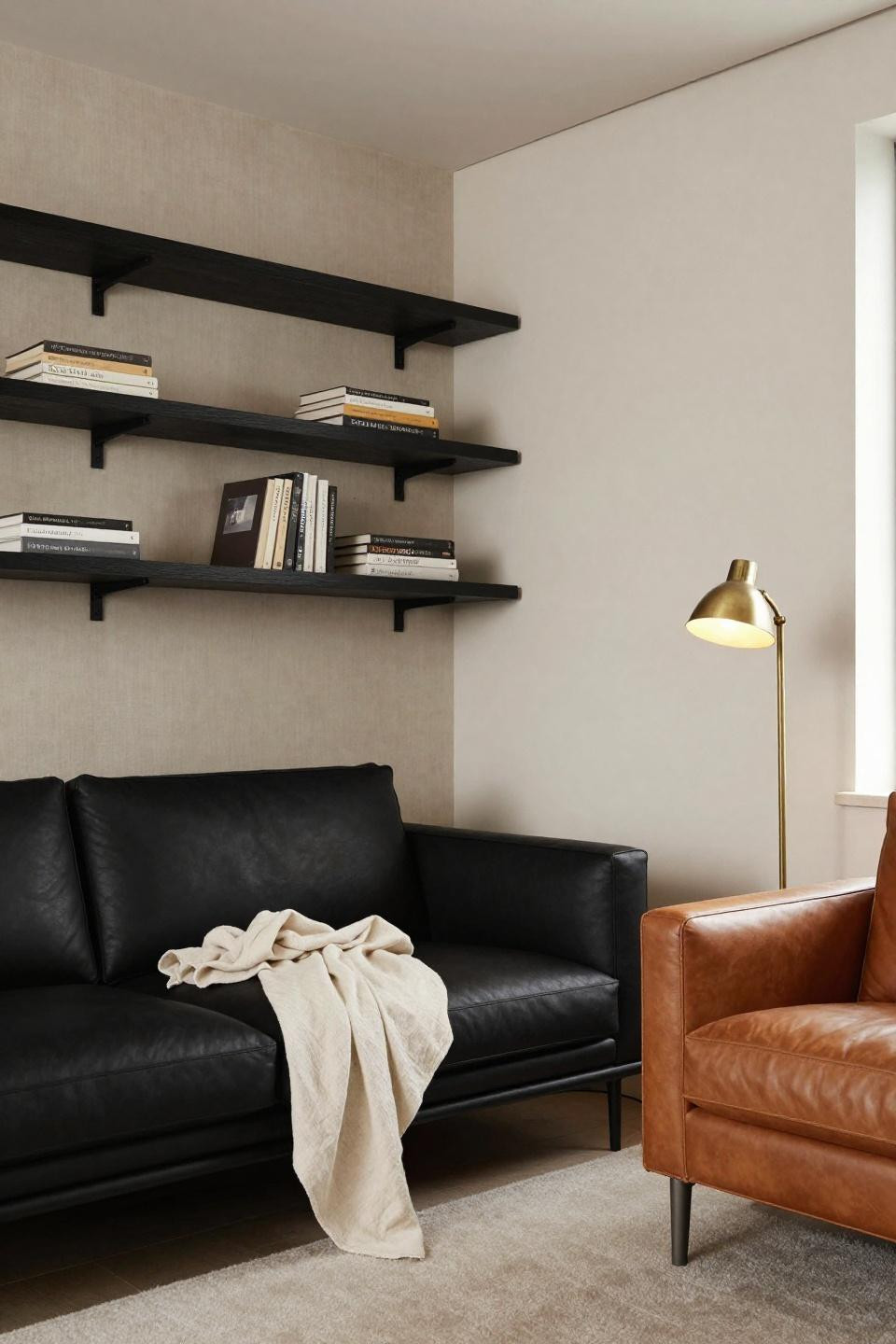 Black and wood living room - platform sofa with floating teak shelves
