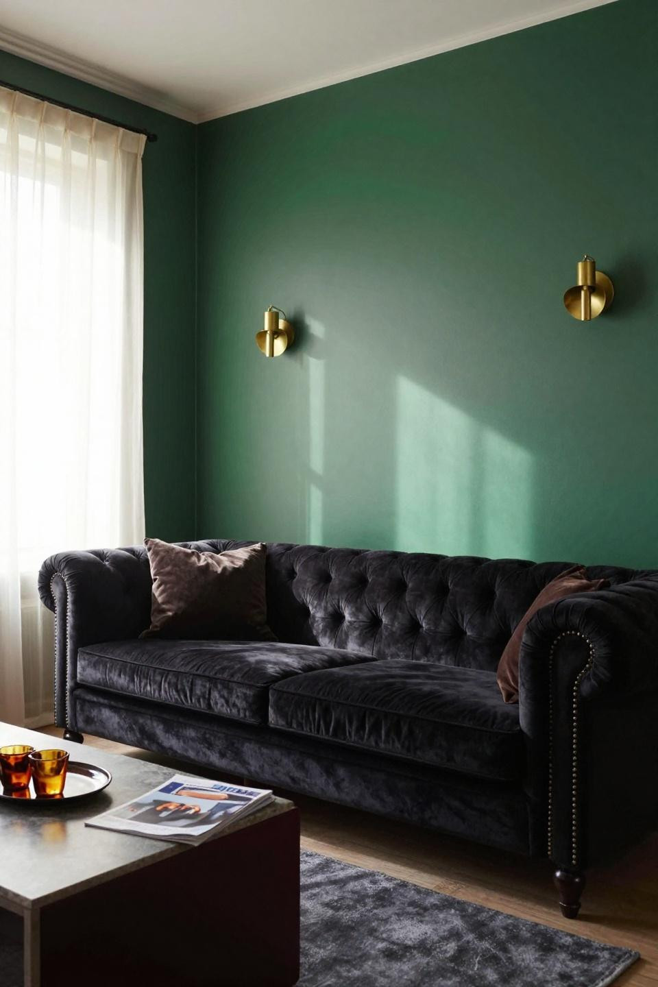 Black sofa living room decor - velvet chesterfield with unlacquered brass