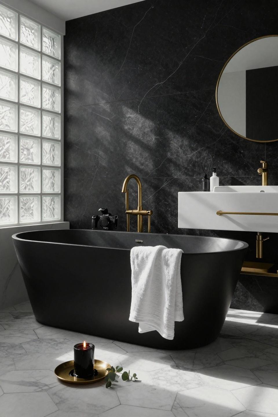 Modern bathroom ideas - honed black stone slabs with brass accents