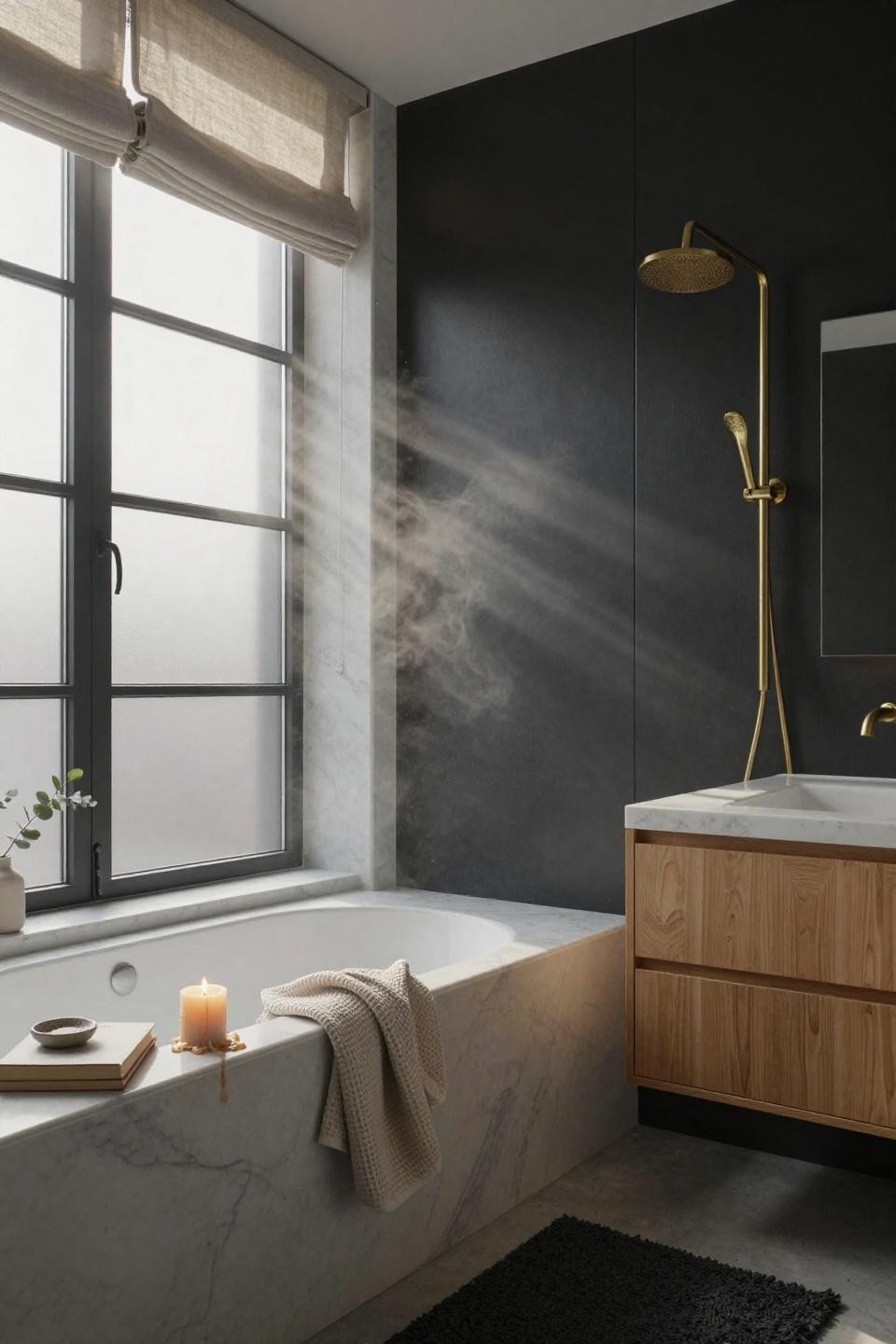 Black bathroom decor - Carrara marble walls with matte black tub