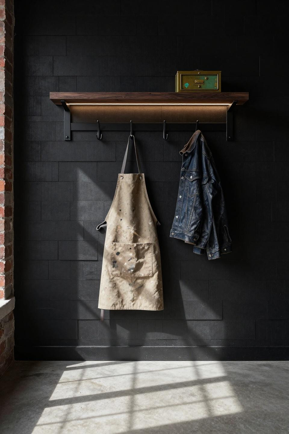 Hallway Tree Entryway - blackened steel tubular hooks on black shiplap