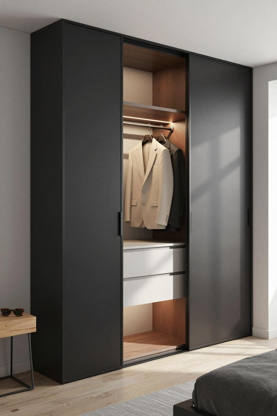 Modern Closet Designs - blackened steel with copper LED strip lighting