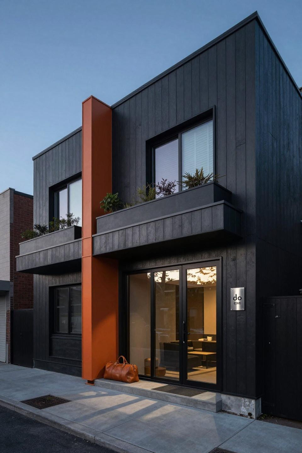 Bloxburg House Ideas Exterior - charcoal townhouse orange stripe