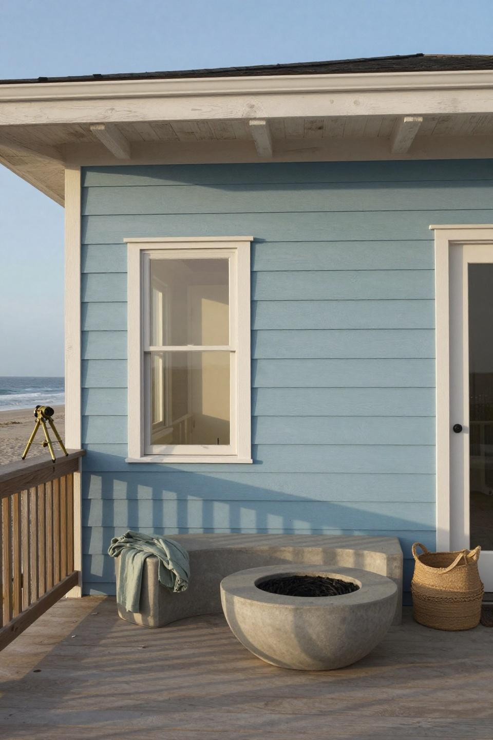 Beach House Exterior Bloxburg - soft-blue board-and-batten with fire pit deck