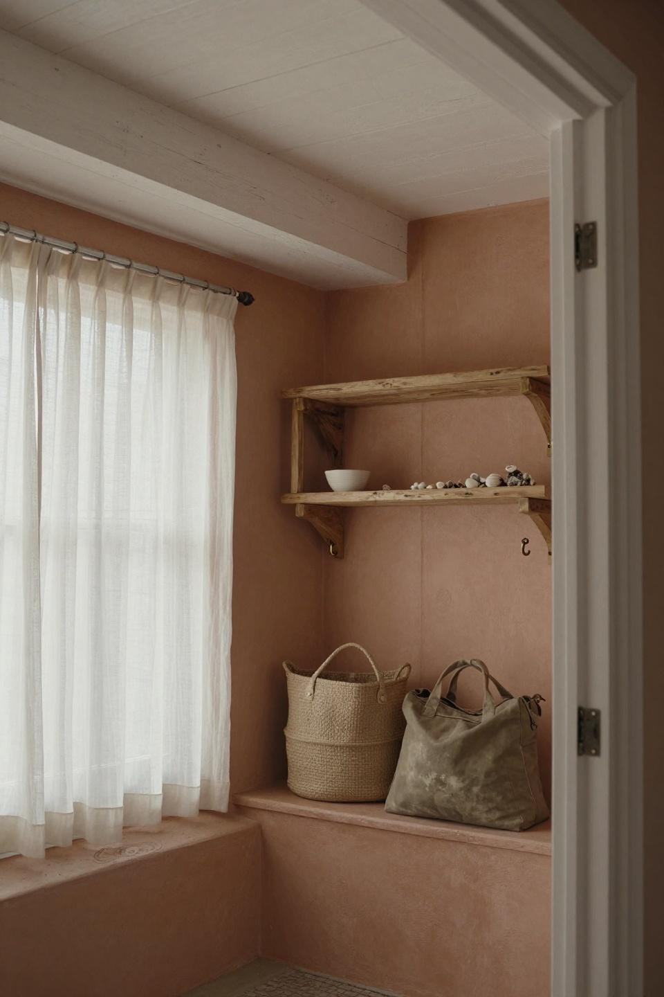 Bloxburg House Inspo - pale terracotta board-and-batten with driftwood shelves