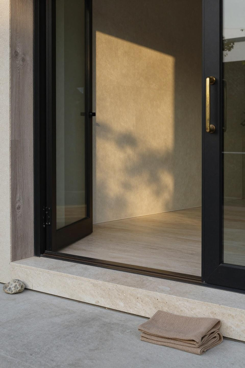 Bloxburg House Ideas Exterior - glass pivot door with travertine step