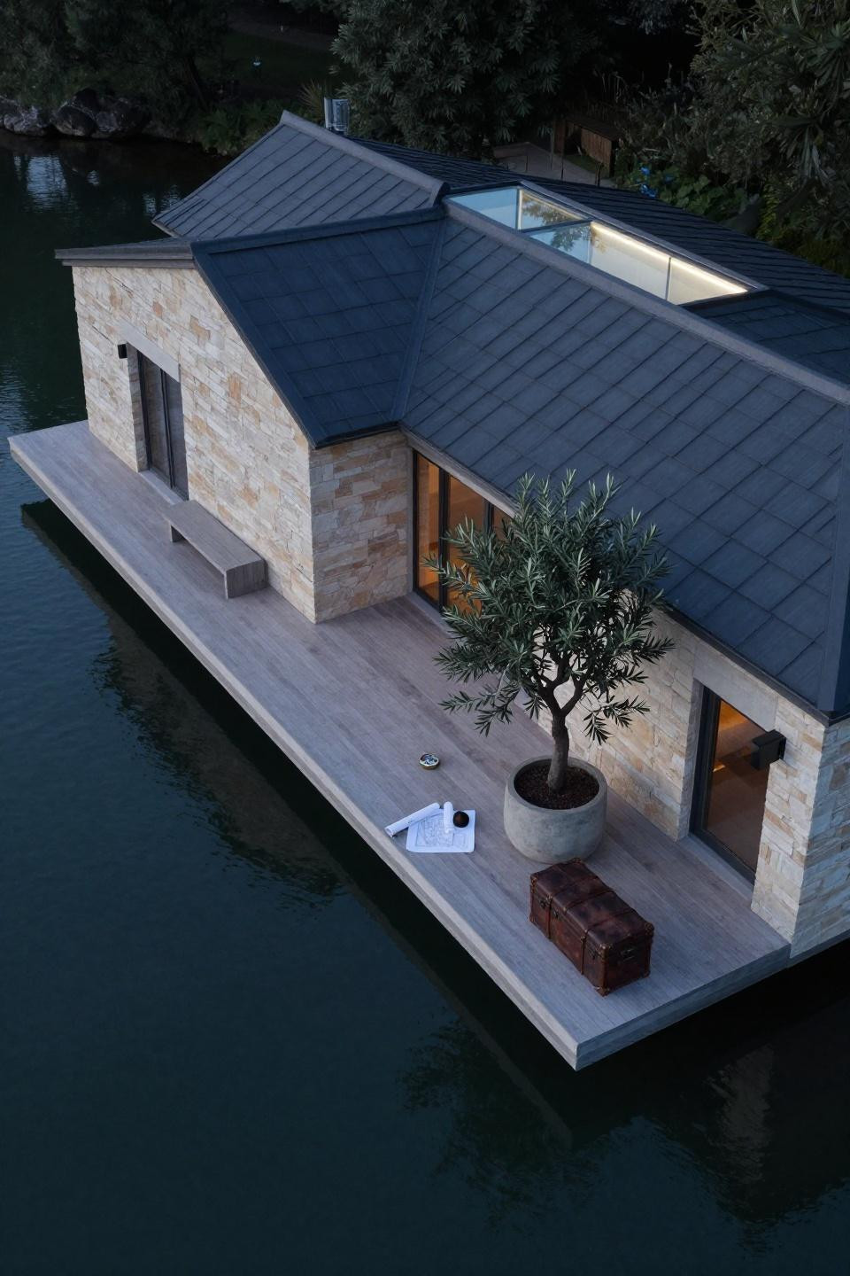 Bloxburg Coastal House - limestone and zinc with butterfly roof over water