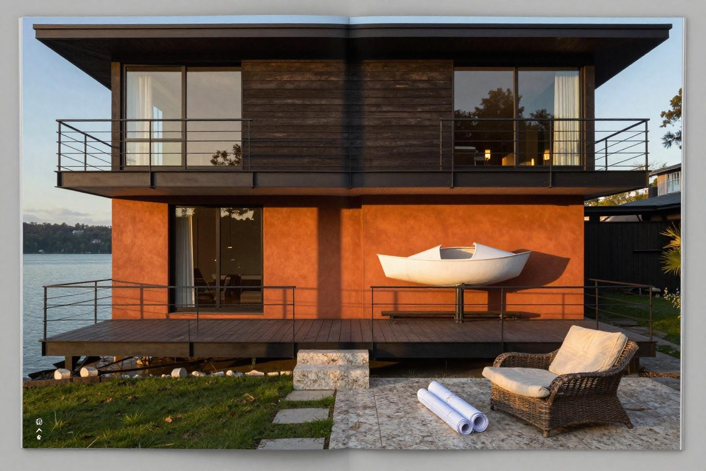 Small House Elevation - burnt-orange stucco with charcoal wood slats