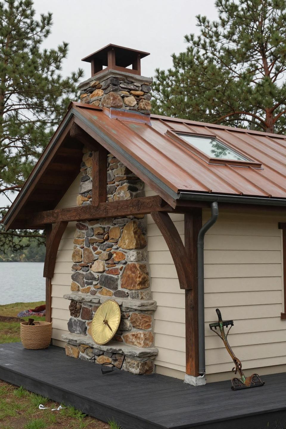 Bloxburg Lake House - rustic timber-frame cottage with stone chimney