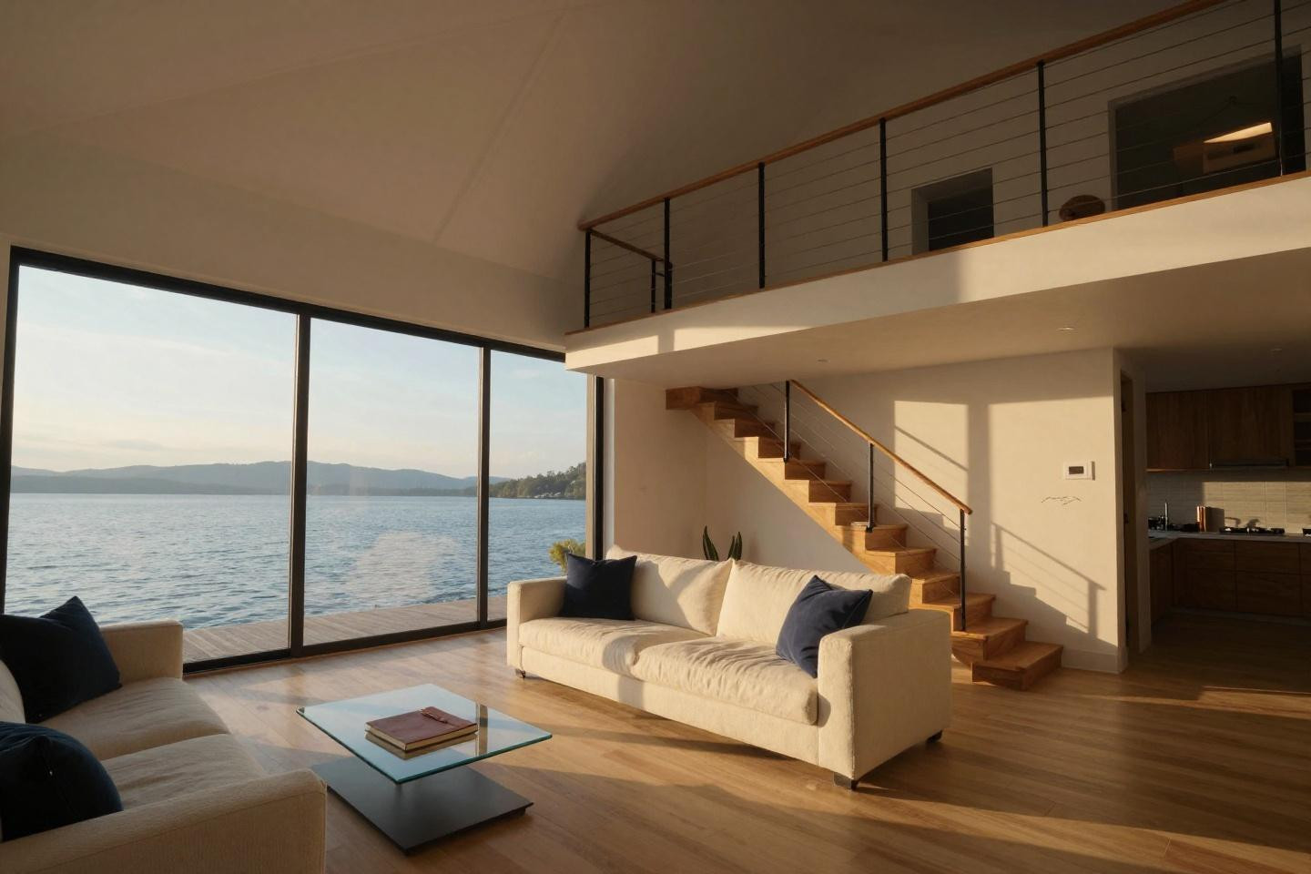 Bloxburg House Inspo - white vaulted ceiling with walnut mezzanine