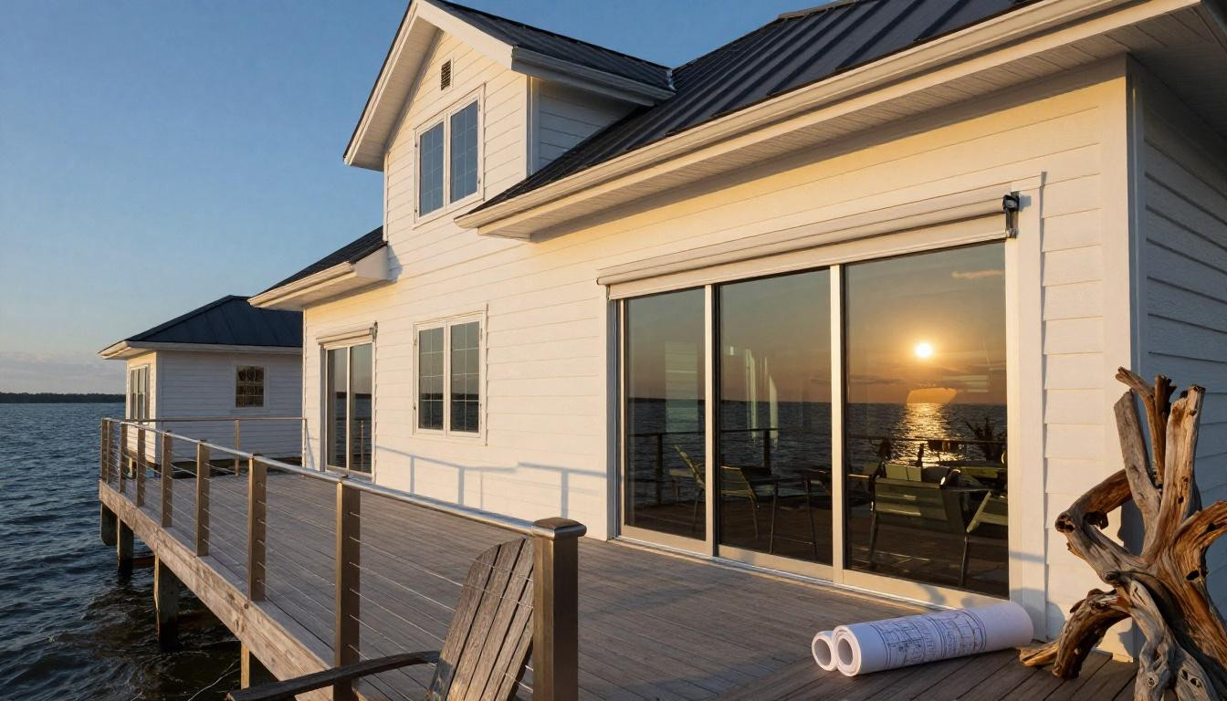 Bloxburg Summer House Layout - white board-and-batten with wraparound composite deck