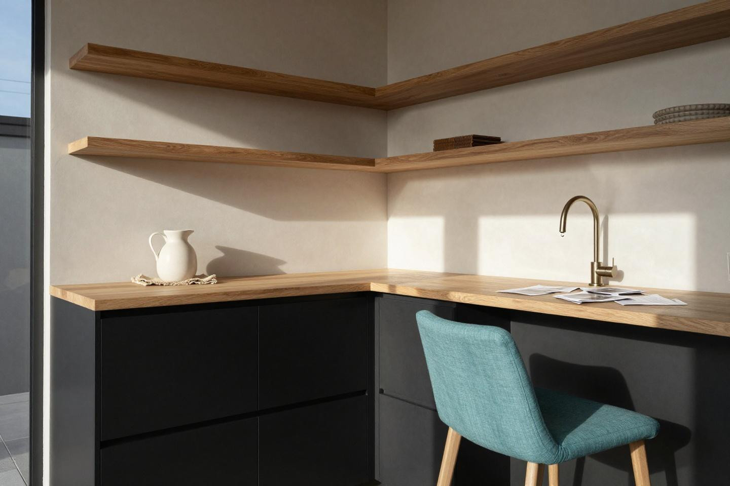 Coastal Bloxburg Kitchen - matte black cabinetry with oak waterfall counter