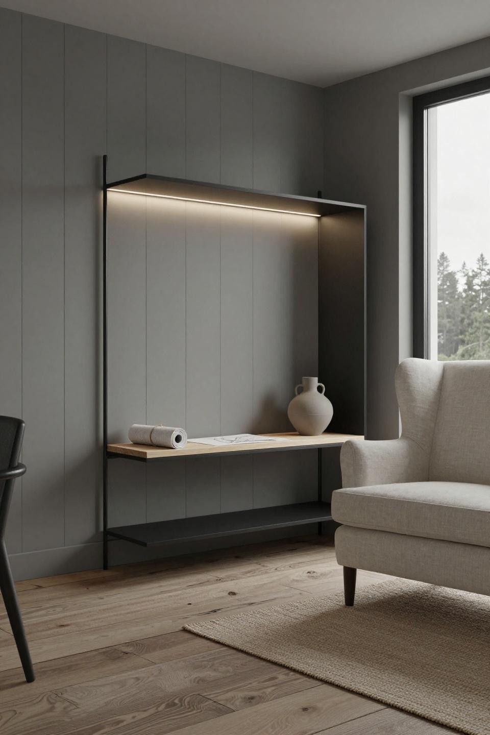 Bloxburg Office Ideas - matte-black cantilever shelves with window nook