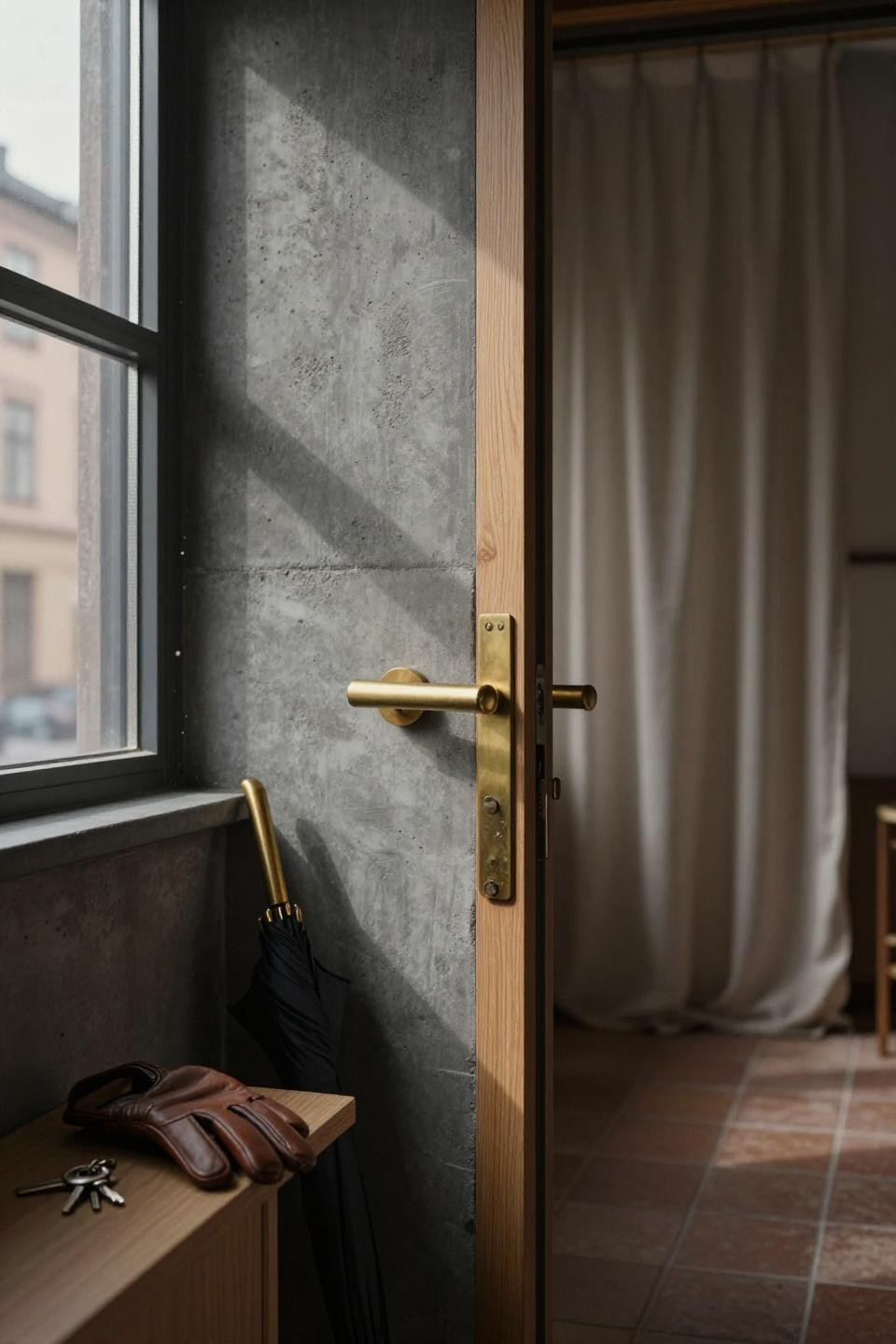 Bloxburg Entryway Ideas - brushed brass door handle on oak door detail