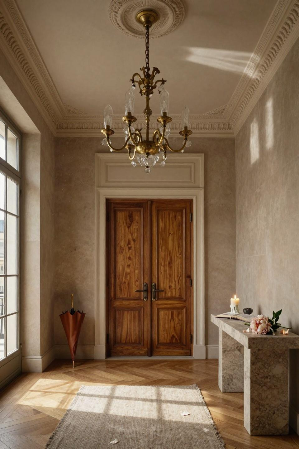 Bloxburg Front Door Ideas - grand foyer with brass chandelier and walnut door