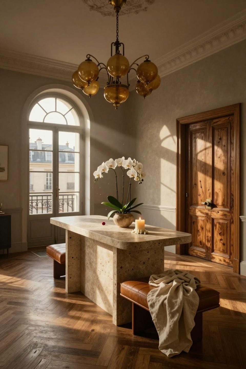 Bloxburg Front Door Ideas - European foyer with brass chandelier and travertine console