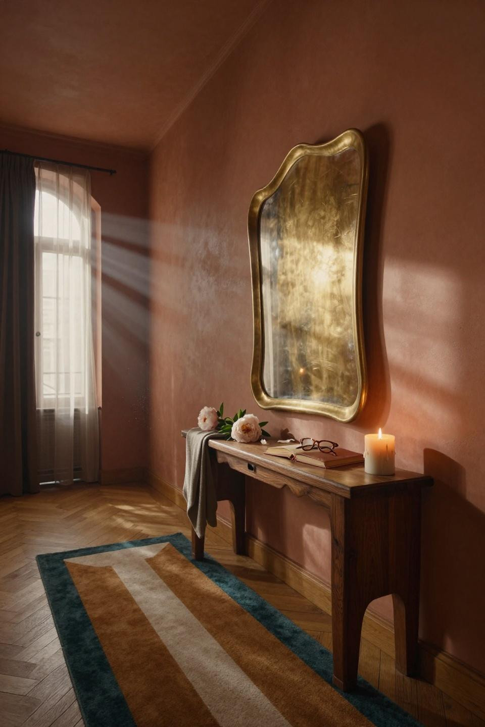 Hallway Ideas Bloxburg - Parisian hallway with terracotta walls and brass mirror