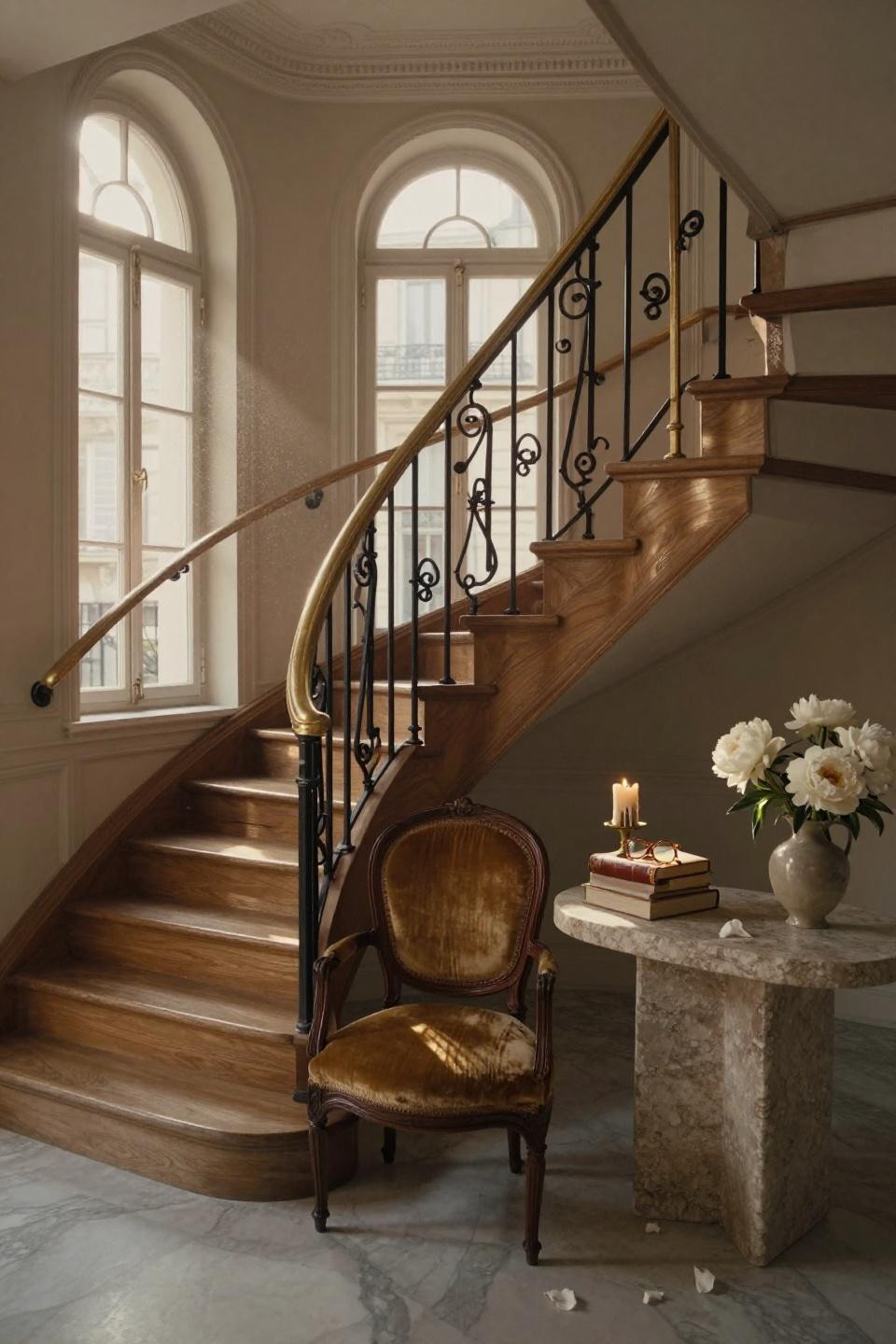 Bloxburg Stairs Ideas - floating walnut staircase with brass railings
