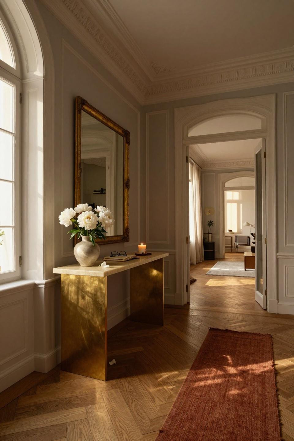 Bloxburg House Inspo - European entryway with arched windows and brass console