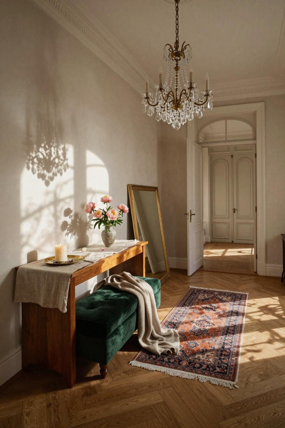 Entryway Ideas Bloxburg - Parisian foyer with herringbone floors and gilt mirror