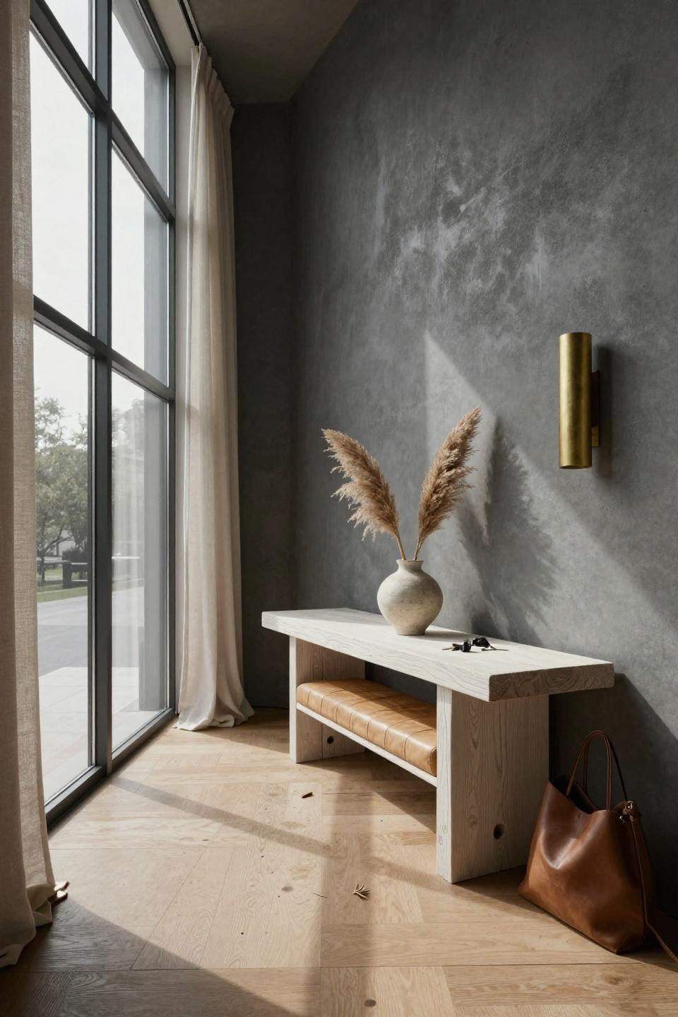 Bloxburg House Ideas Exterior - minimalist entryway with honed limestone and oak console