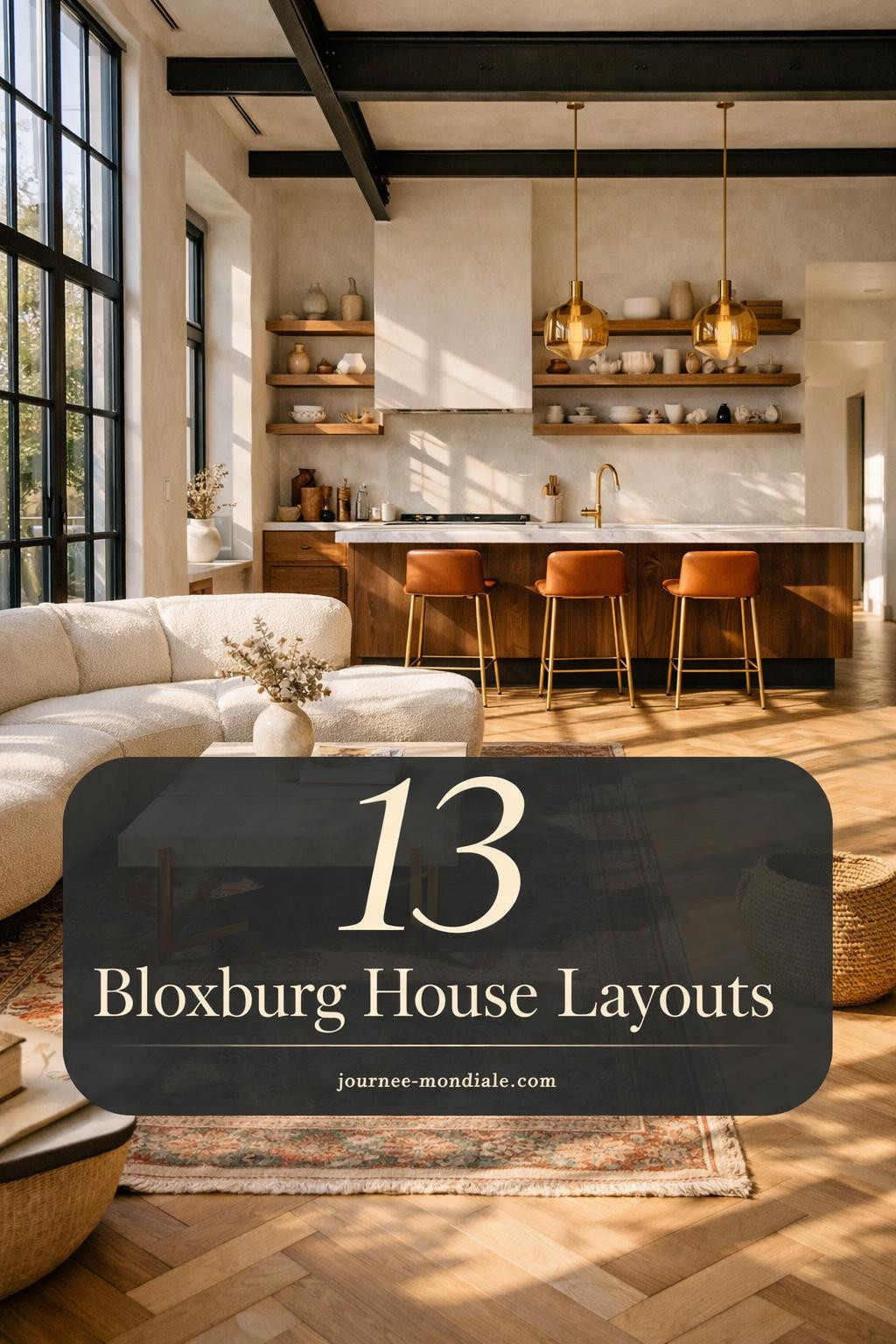 Modern open-concept living space featuring exposed steel beams, white oak herringbone floors, cream boucle sectional, travertine coffee table, floating walnut kitchen island with marble countertop and brass fixtures