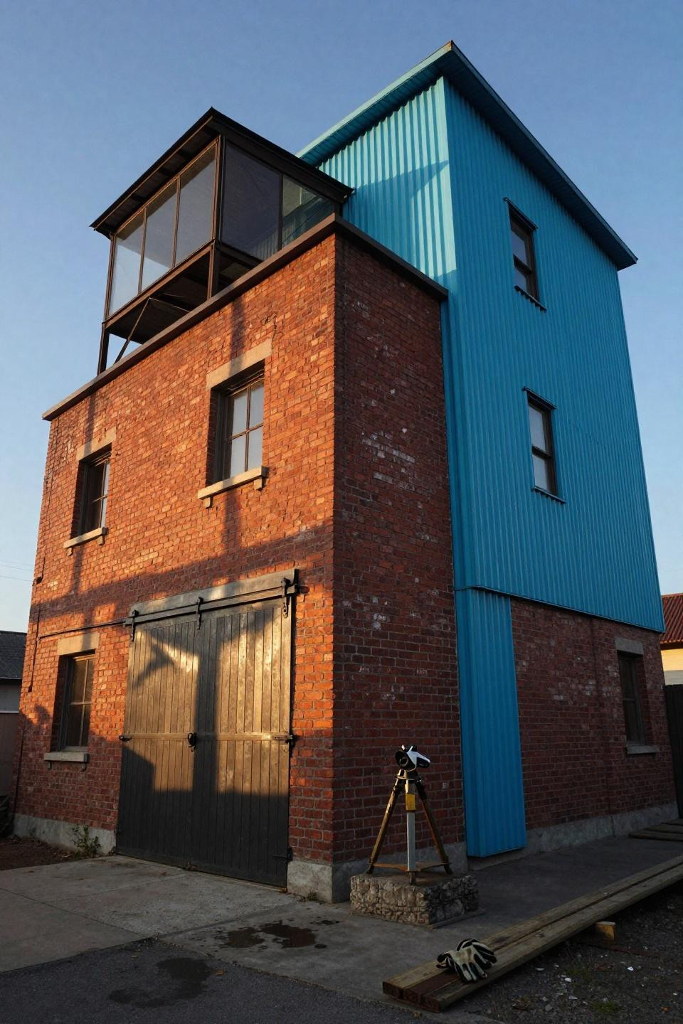 Small House Elevation - industrial mansion red brick cyan metal