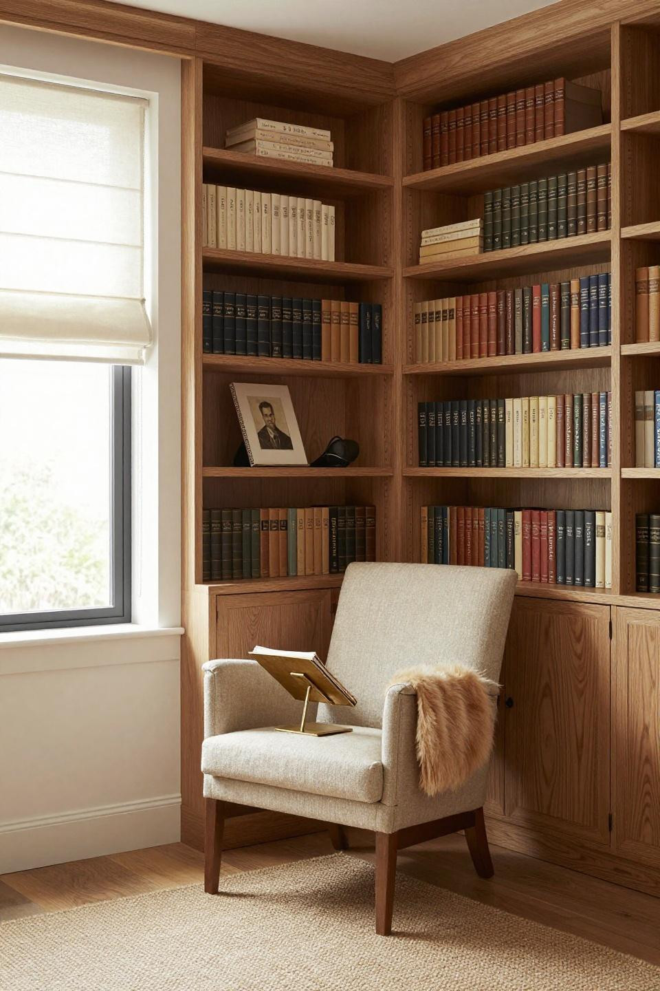 Bloxburg Library Ideas - natural oak shelving with reading nook