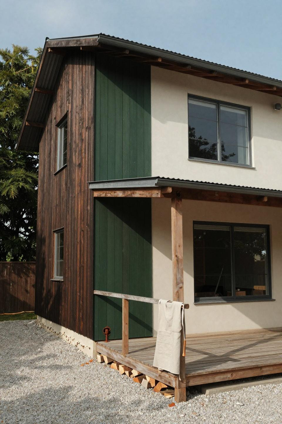 Bloxburg House Builds - charred timber cream render two story