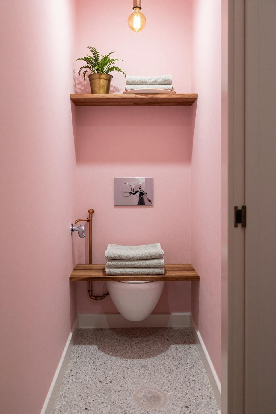 Modern Toilet Room - blush pink limewash narrow galley