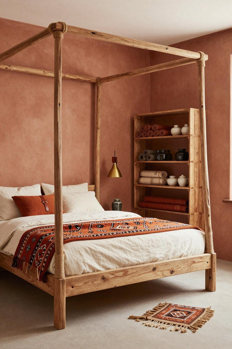 Loft Bed Layout Ideas - bohemian loft bed with terracotta wall