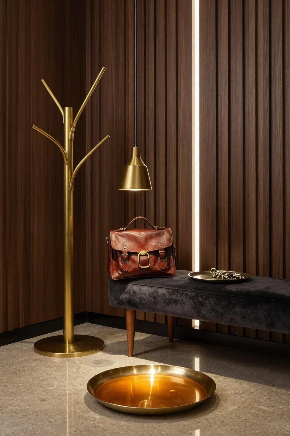 Hall Tree Plans - sculptural brass coat tree with velvet bench