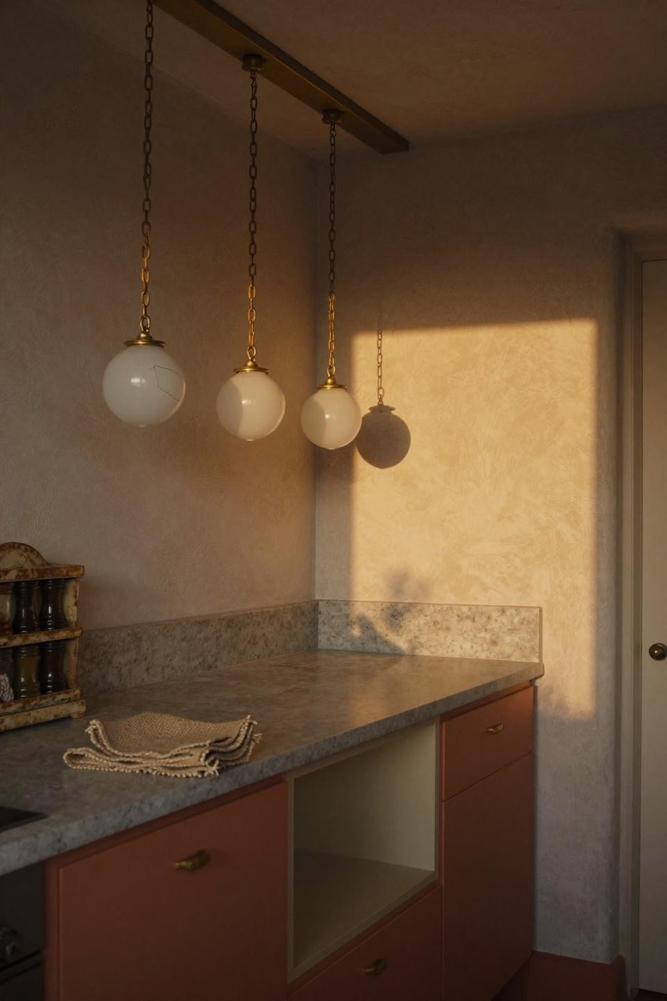 Kitchen Interior - frosted milk glass globes on brass chain