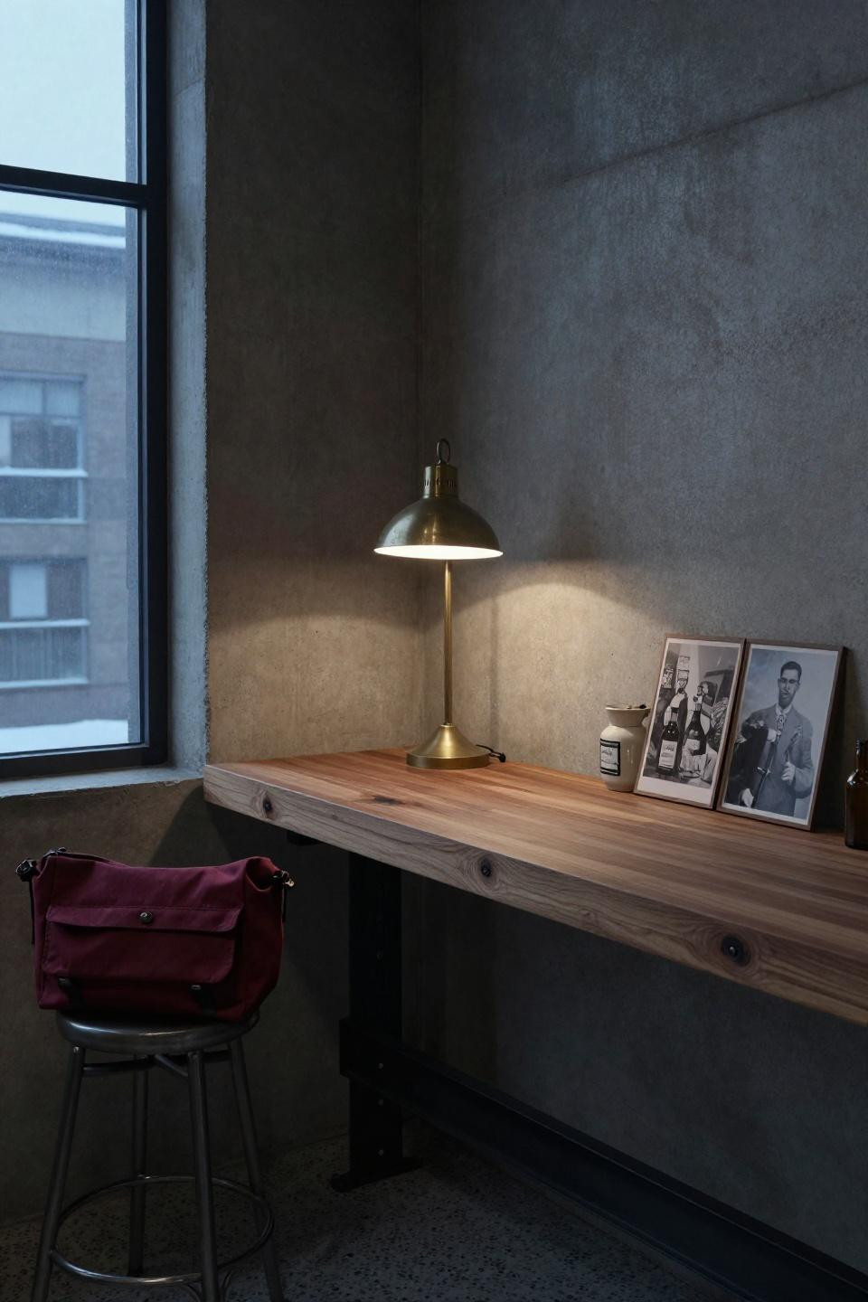 Dark Bar Aesthetic - cantilevered walnut bar from blackened steel beam