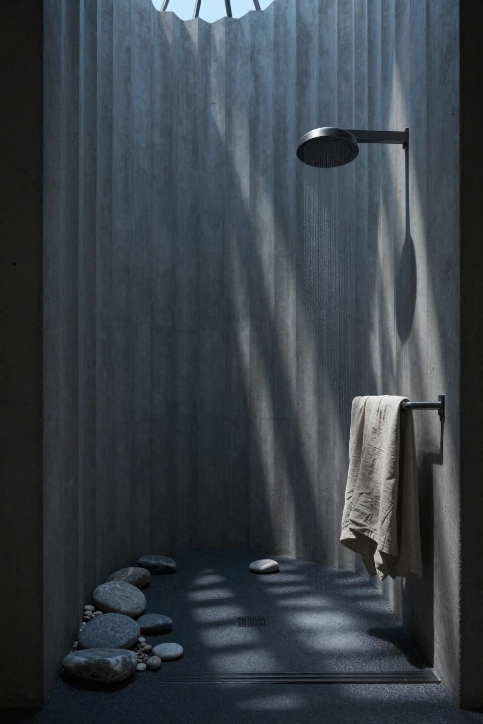Bathroom Shower Area - vertical concrete fins with gunmetal fixtures