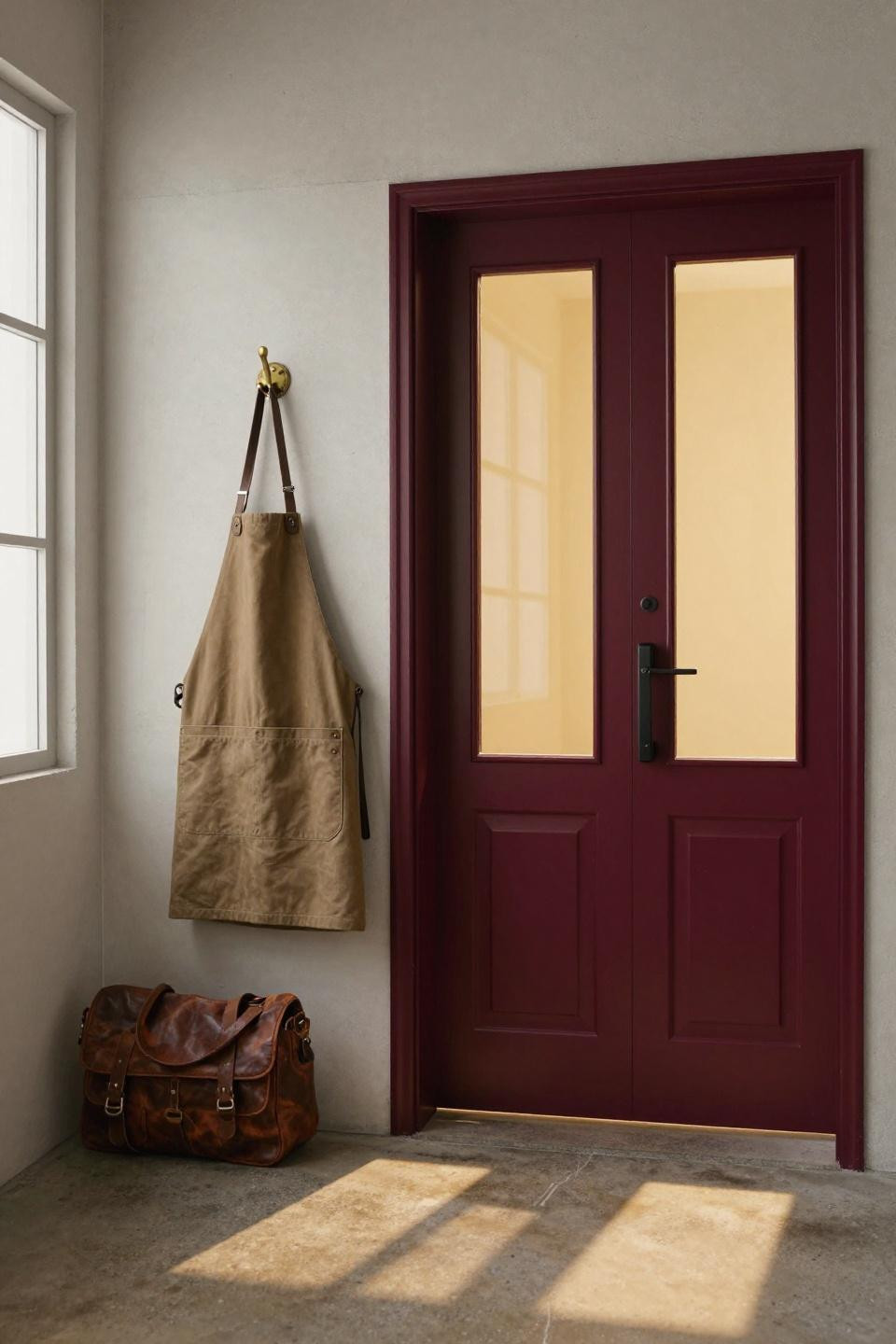 Double Door Entrance Design - burgundy painted doors with glass sidelites