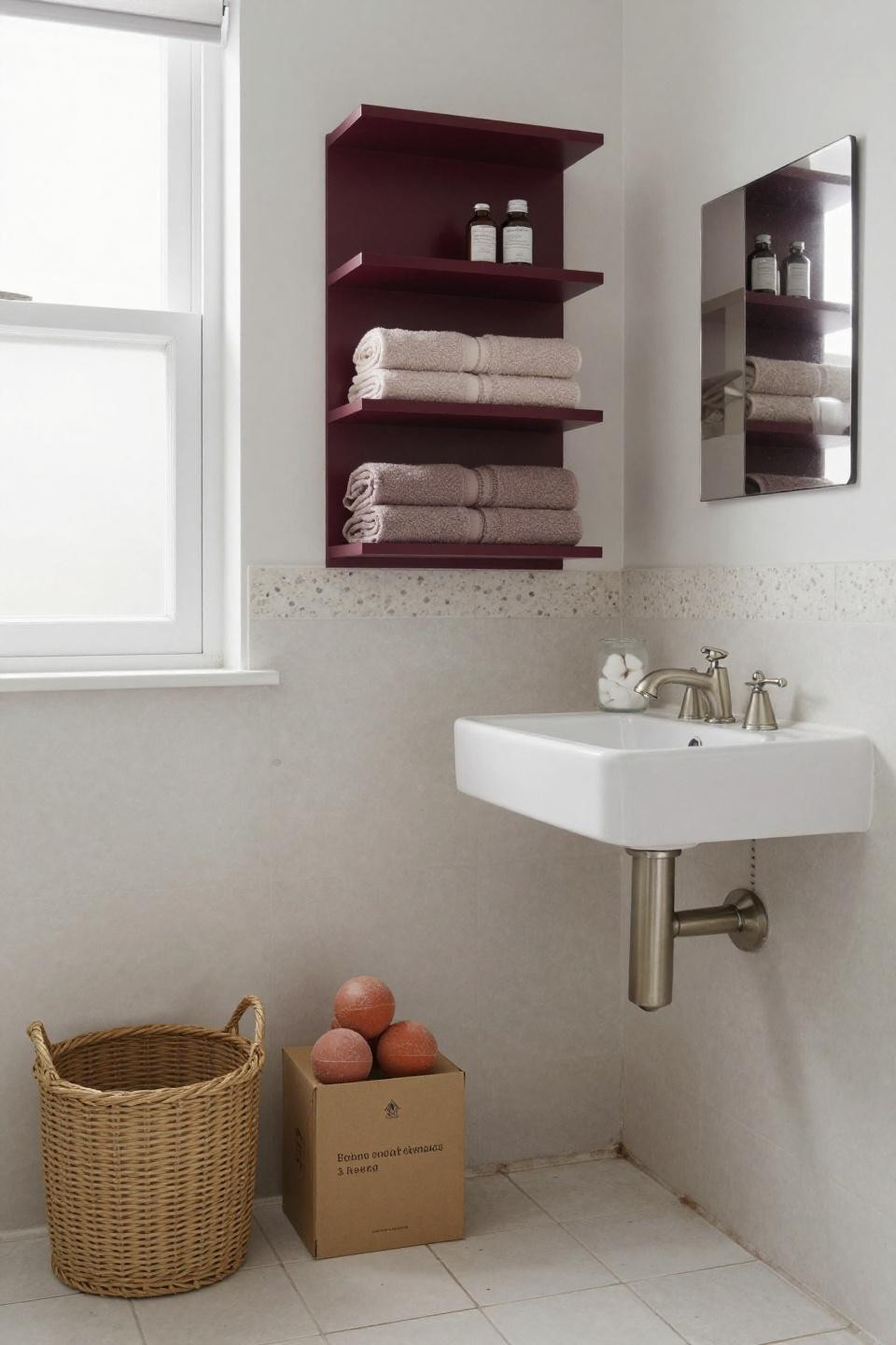 Apartment Bathroom Inspiration - burgundy floating shelves on terrazzo wall