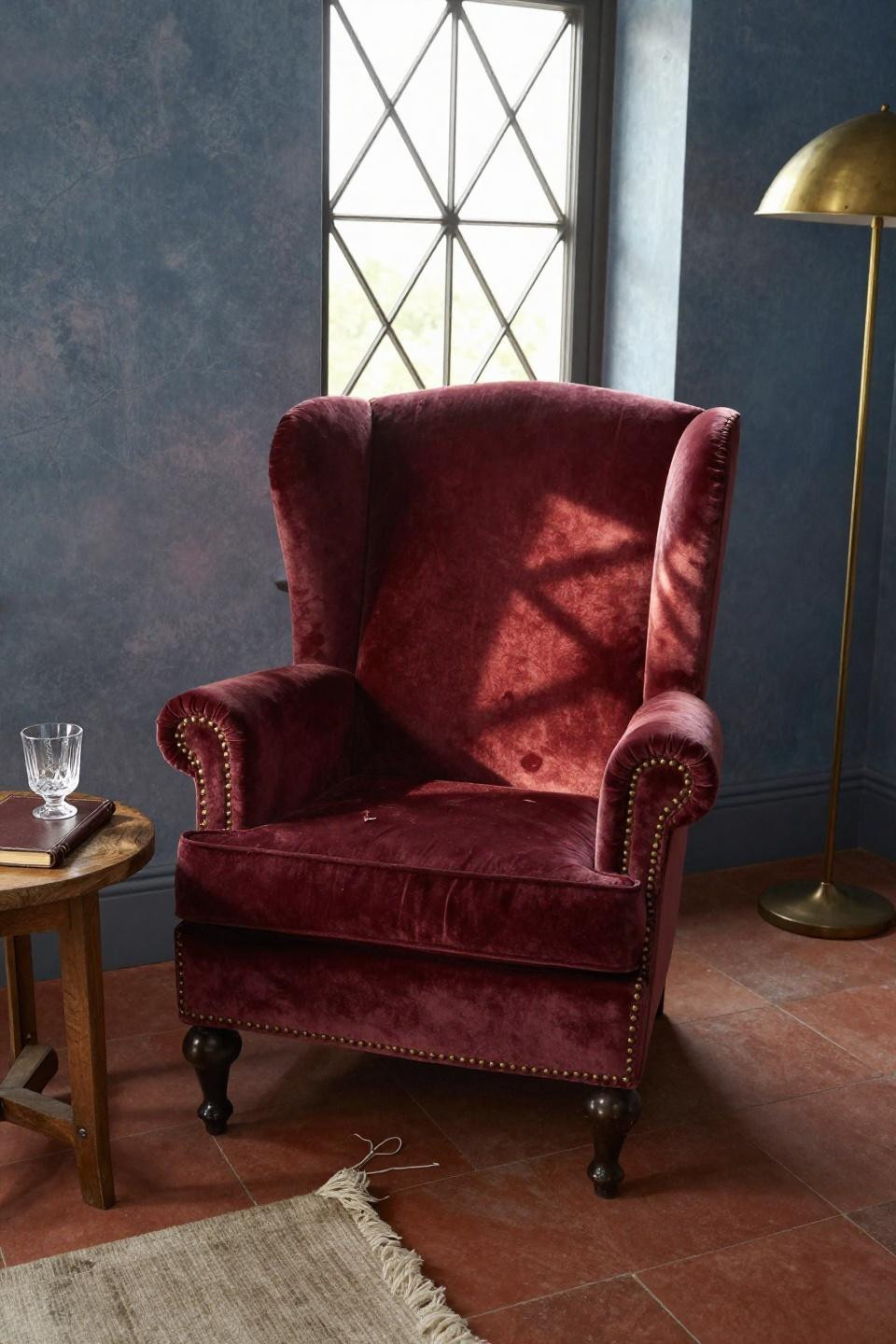 Cosy Cottage Living Room - burgundy wingback with Venetian plaster walls