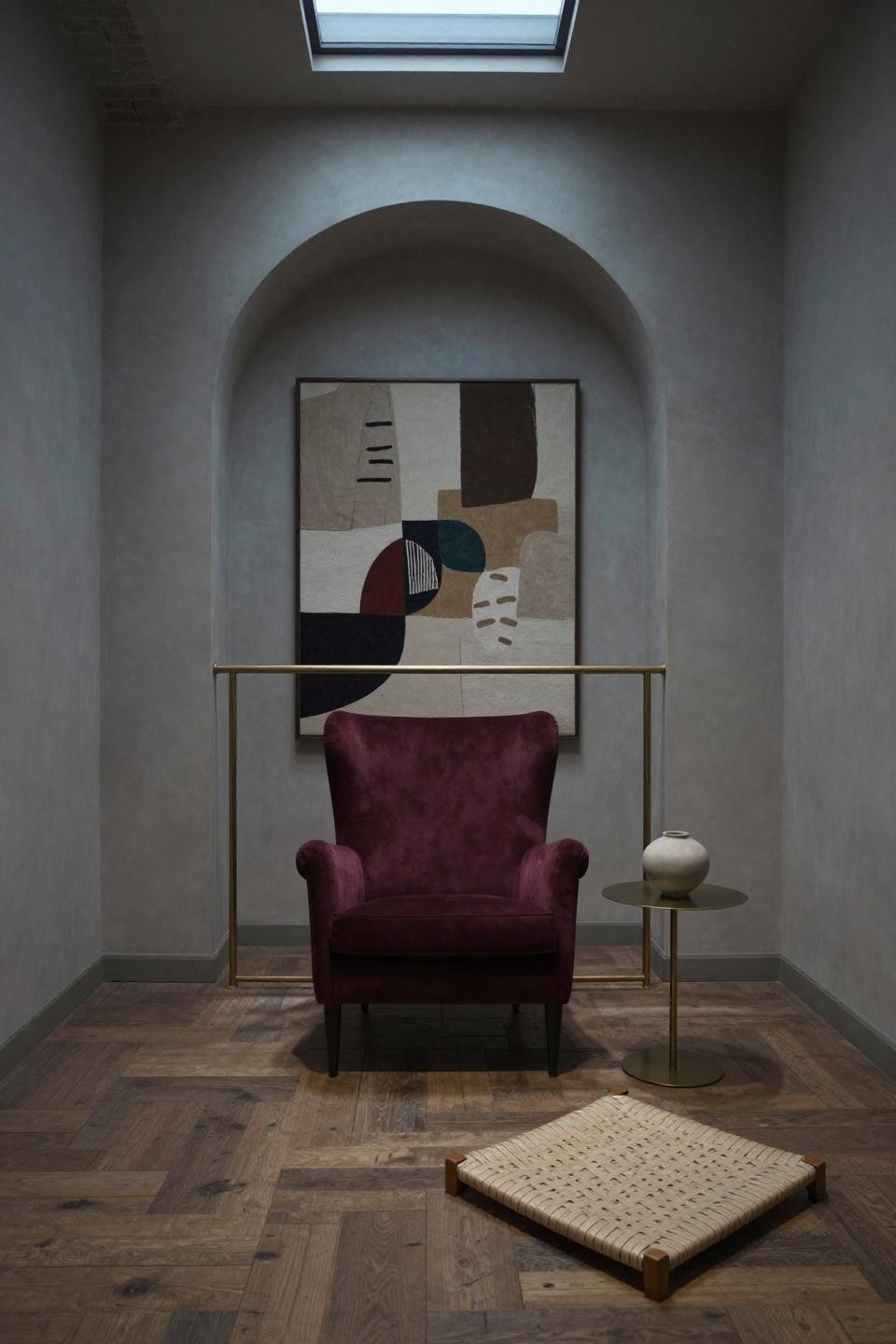 Small Living Room Seating Ideas - burgundy mohair wingback in arched alcove