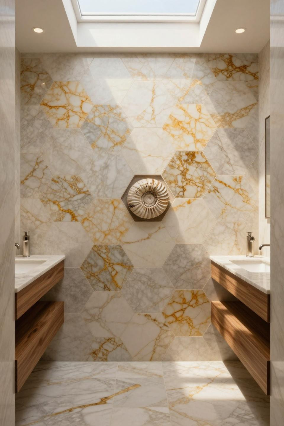 Master Bath Remodel - Calacatta Gold marble hexagon tiles with amber veining