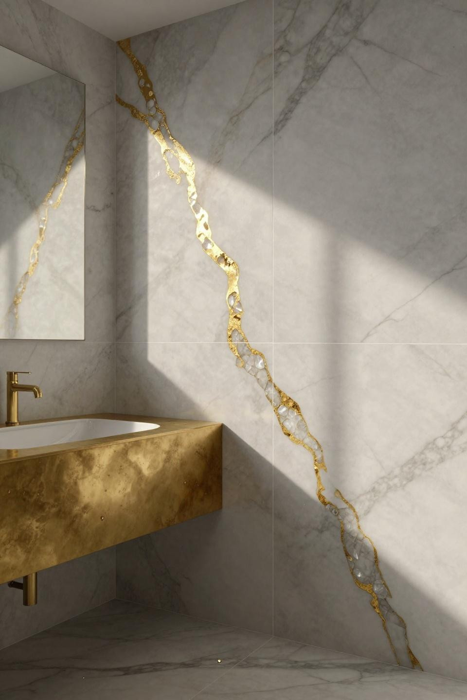 Modern Bathroom Ideas - oversized Calacatta marble slabs as feature wall