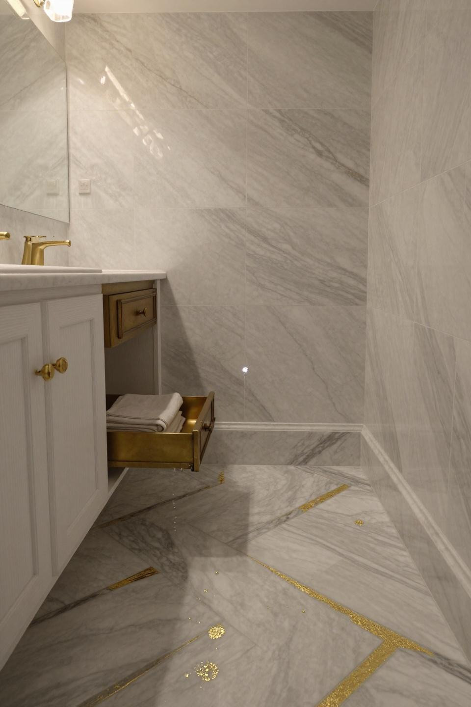 Bathroom Tiles Combination - Calacatta marble herringbone with gold leaf