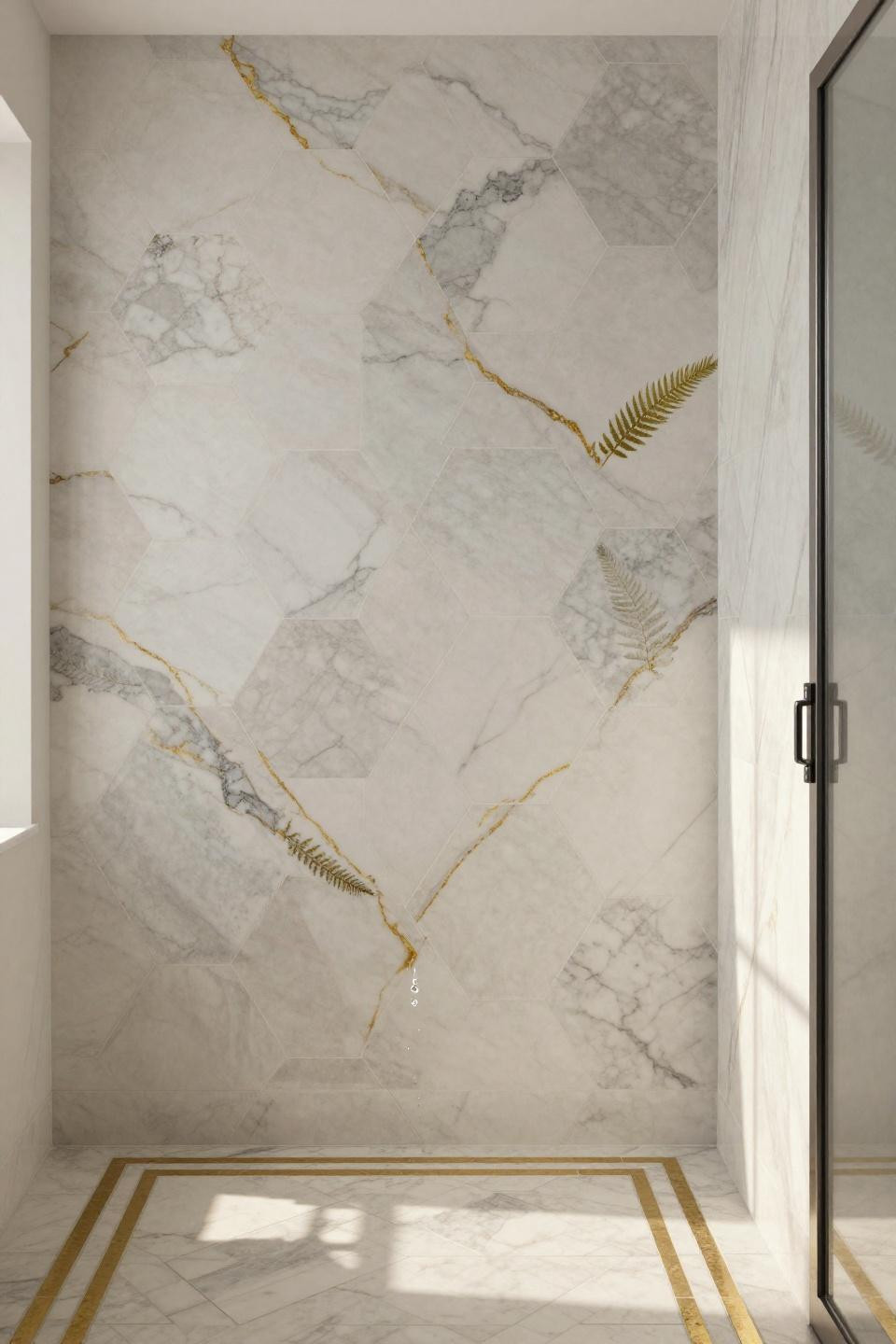 Tiny Bathroom Ideas - Calacatta marble hexagonal tiles with brass inlay